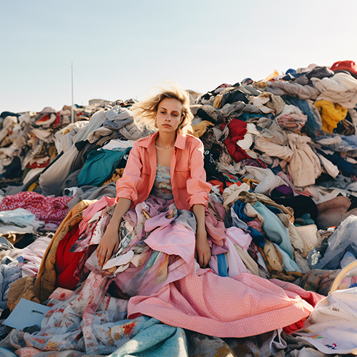 Girl surrounded by clothes dump